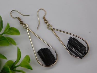 Silver-Tone Drop Earrings with Black Tourmaline Stones