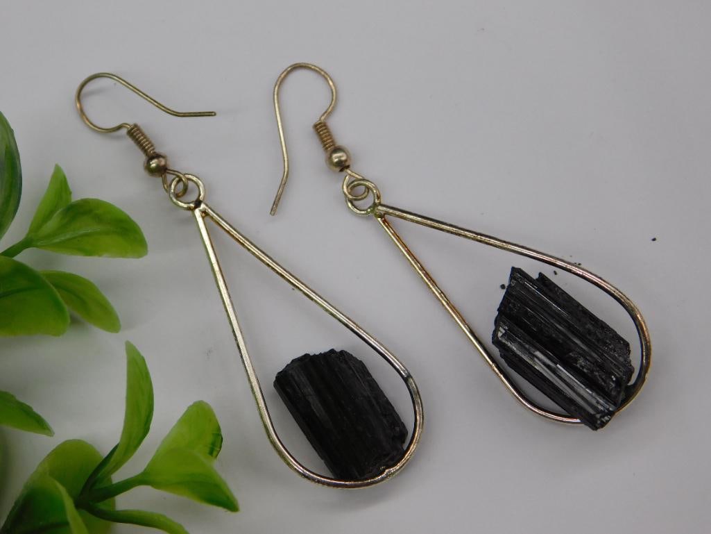 Silver-Tone Drop Earrings with Black Tourmaline Stones: Silver-Tone Drop Earrings with Black Tourmaline Stones