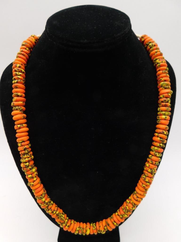 ORANGE AND YELLOW HAND PAINTED AFRICAN TRADE BEAD NECKLACE (1 of 3)