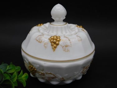Vintage White Porcelain Box With Gold Grapes Motif