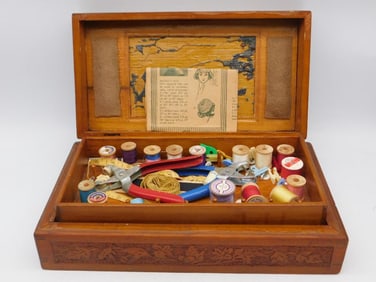 Vintage Wooden Sewing Box with Contents