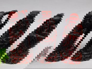 Three Taiwanese Fu Lu Shou Figurines in Red Finish