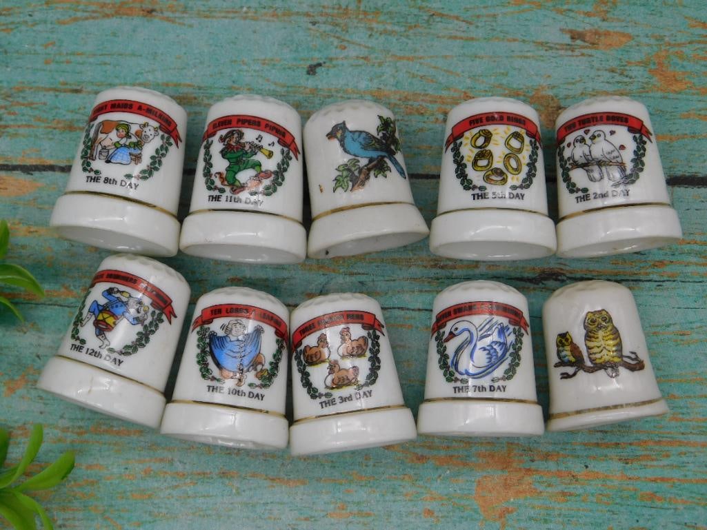 Ten Ceramic Twelve Days of Christmas Thimbles: Ten Ceramic Twelve Days of Christmas Thimbles