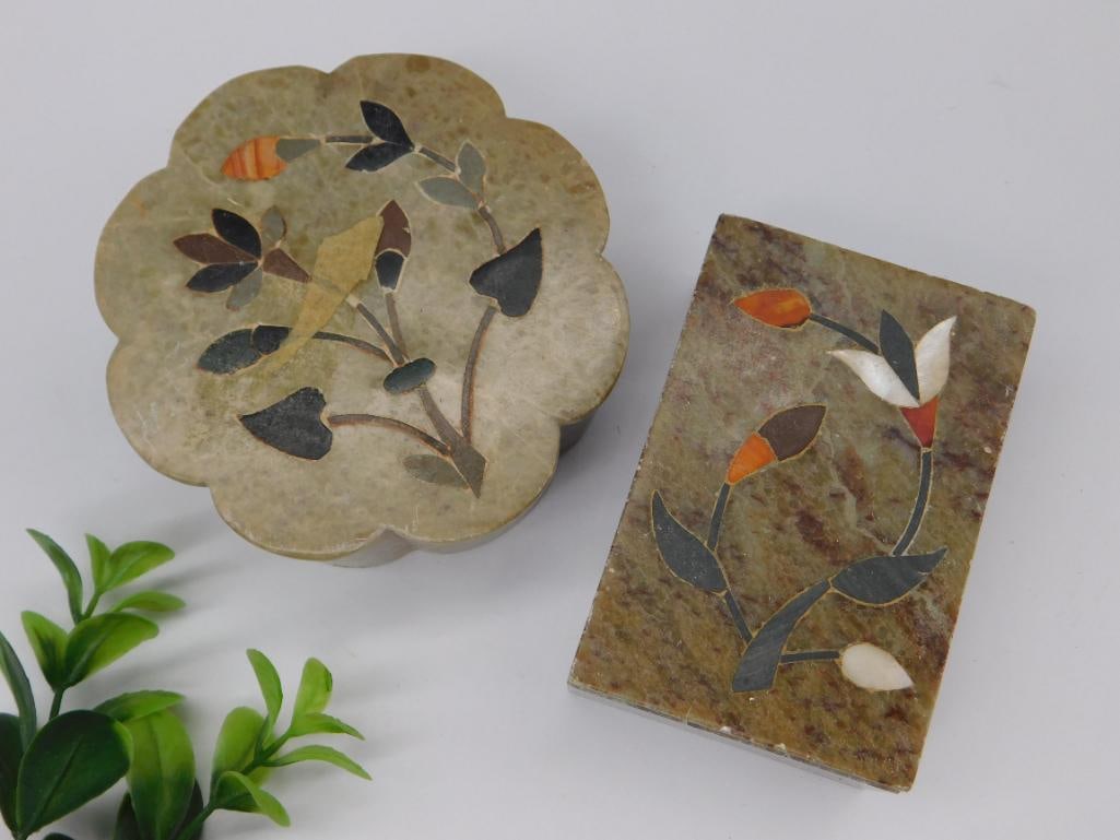 Handcrafted Stone Trinket Boxes with Floral Inlay Design: Handcrafted Stone Trinket Boxes with Floral Inlay Design