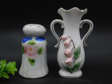 Hand-Painted Nippon Porcelain Salt Shaker and Vase Set