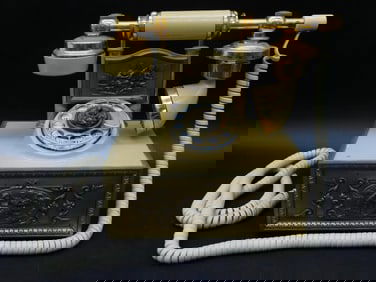 Gold and Cream Decorative Rotary Telephone With Relief Art