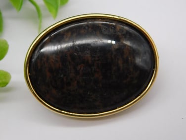 Vintage Oval Bolo Tie Clip With Black Stone and Gold-Tone Trim
