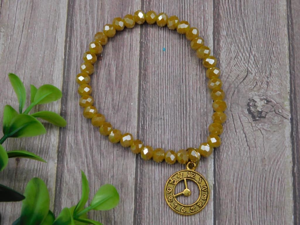 CLOCK PENDANT ON SPARKLE BEAD BRACELET: CLOCK PENDANT ON SPARKLE BEAD BRACELET