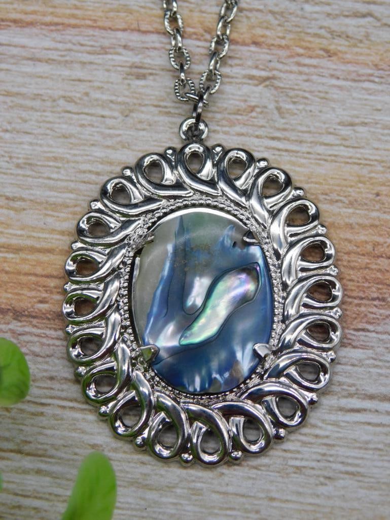 ABALONE PENDANT ON CHAIN NECKLACE ROCK STONE LAPIDARY SPECIMEN: ABALONE PENDANT ON CHAIN NECKLACE ROCK STONE LAPIDARY SPECIMEN