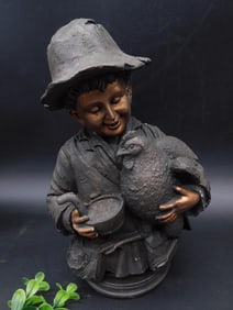 BOY WITH PRIZED ROOSTER STATUETTE VINTAGE ANTIQUE