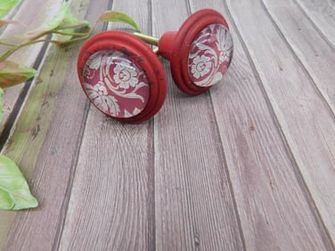 Pair of Decorative Red Drawer Pulls with Floral Design