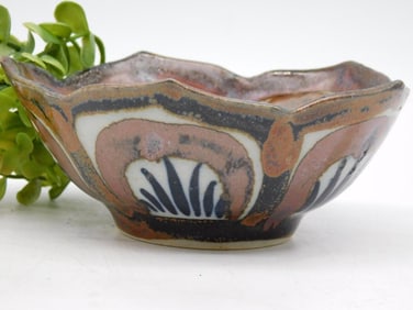 Scalloped Ceramic Bowl with Multicolor Design