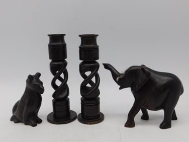 Carved Wooden Safari Lioness Elephant and Candlesticks
