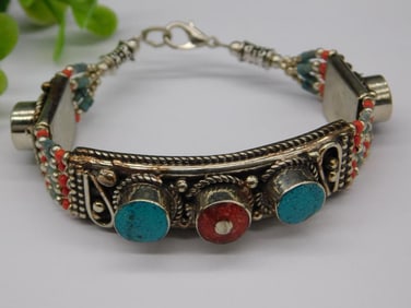 Silver-Tone Bracelet with Turquoise and Coral Accents