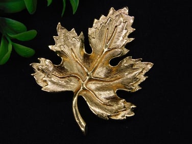 Gold-Tone Leaf-Shaped Brooch Pin with Textured Finish