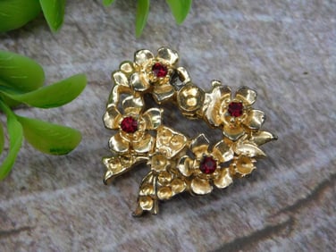 Gold-Toned Floral Heart Pin with Red Stone Accents