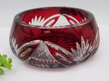 VINTAGE BOHEMIAN RUBY CUT ART GLASS ASHTRAY