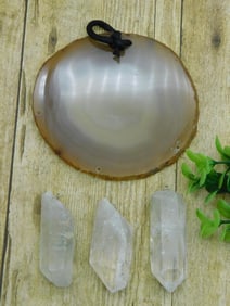 AGATE SLICE AND QUARTZ CRYSTAL WIND CHIME ROCK STONE LAPIDARY SPECIMEN