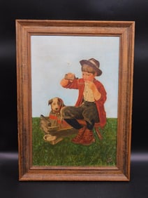 FRAMED SICK PUPPY PRINT VINTAGE ANTIQUE