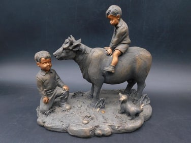 BOYS WITH COW STATUETTE VINTAGE ANTIQUE