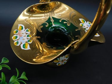 Green and Gold Decorative Handled Vase With Floral Motif