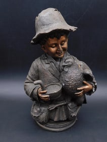 BOY WITH PRIZED ROOSTER STATUETTE VINTAGE ANTIQUE