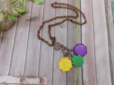 Copper Chain Necklace with Purple, Green, and Yellow Charms