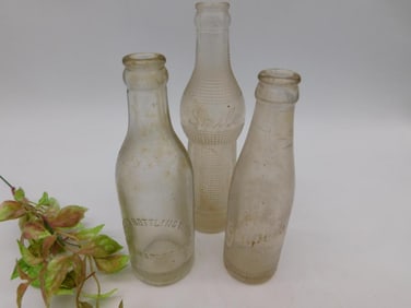 Lot of 3 Embossed Vintage Glass Bottles, St. Charles MO and Smile