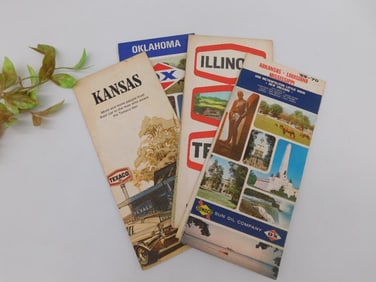 Collection of 4 Vintage Road Maps - Kansas, Oklahoma, Illinois, Arkansas