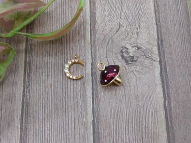 Lot of Two Gold-Tone Charms: Crescent Moon and Mushroom