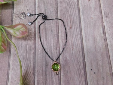 Gold-Tone Green Stone Pendant on Adjustable Cord Necklace
