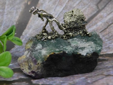 Pyrite Miner on Fluorite Base, 129 Grams Rock Stone Lapidary Specimen