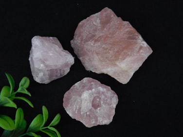 Set of Three Raw Rose Quartz Specimens, 131 Grams Total Rock Stone Lapidary Specimen