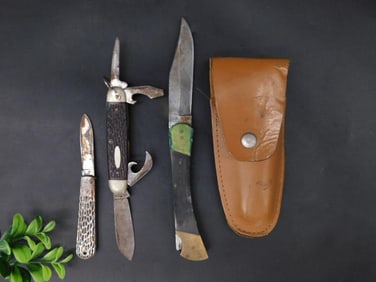 Lot of Three Pocket Knives with Sheath Included