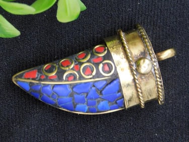 Lapis and Red Coral Pendant with Mosaic Inlay and Geometric Design