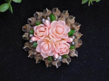 Floral Brooch with Pink Roses and Textured Frame