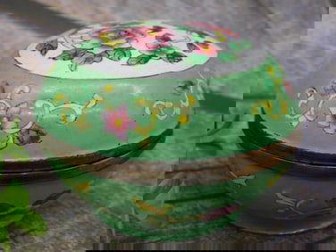 Hand-Painted Green Trinket Box with Floral Design