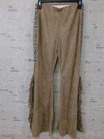 NEW SAVANNA JANE SUEDE FLARE LEG PANTS WITH BEADING AND FRINGE SIZE SMALL NWT BOUTIQUE CLOTHING
