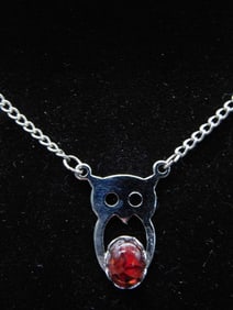 Silver Owl Pendant Necklace with Red Stone