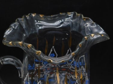 Glass Pitcher with Handpainted Design and Ruffled Rim