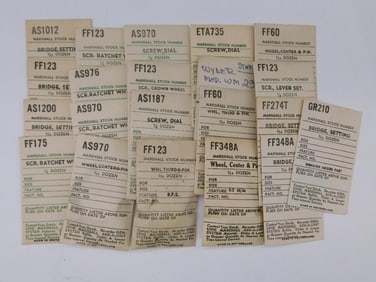 Vintage Lot of Marshall Watch Parts Inventory Labels WATCHMAKING WATCHMAKER TOOLS