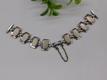 Hexagonal Silver-Tone Bracelet With Safety Chain