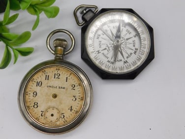 Vintage Uncle Sam Pocket Watch and Compass Set Watchmaking Watchmaker Tools