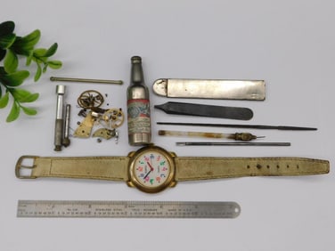 Vintage Mechanical Watch with Assorted Tools and Parts WATCHMAKER WATCHMAKING TOOLS