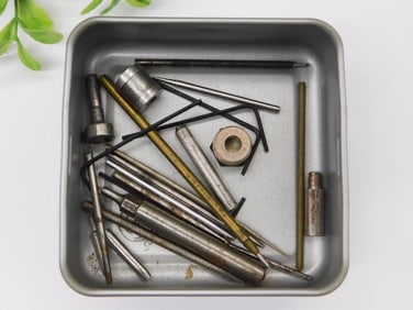 Metal Tools and Components in Tin Box WATCHMAKER WATCHMAKING TOOLS