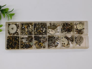 Vintage Watch Parts Assortment in Organizer WATCHMAKER WATCHMAKING TOOLS
