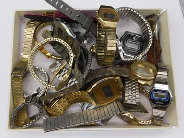 Box Lot of Vintage Digital and Analog Watches Watchmaker Watchmaking Tools