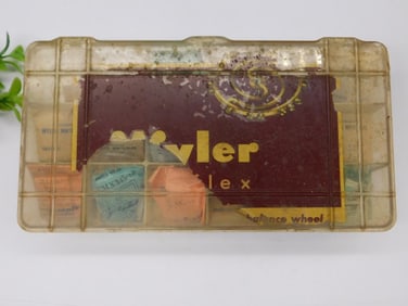 Vintage Myler Material Storage Box with Contents Watchmaker Watchmaking Tools