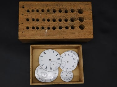 Vintage Watch Faces and Wooden Block Display?WATCHMAKERS WATCHMAKING TOOL