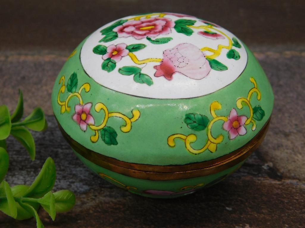 Hand-Painted Enameled Round Trinket Box with Floral Motif: Hand-Painted Enameled Round Trinket Box with Floral Motif